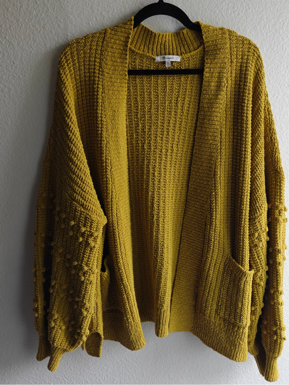 Madewell XXL Mustard Yellow Textured Pom Sleeve Open Front Cardigan